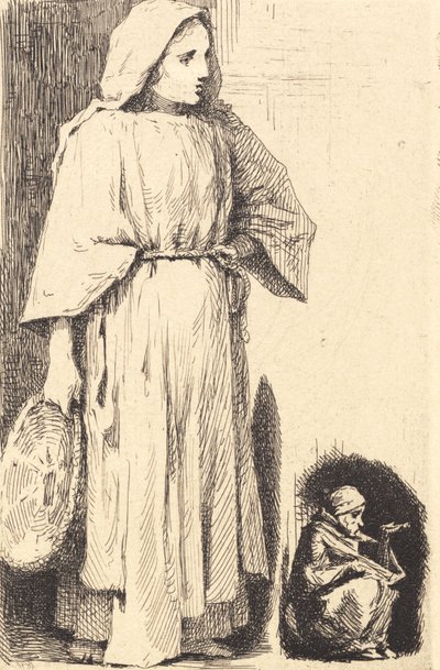 Prøveplade : Femme debout avec un panier. Un petit mendiant dans le coin - Frans Schwartz