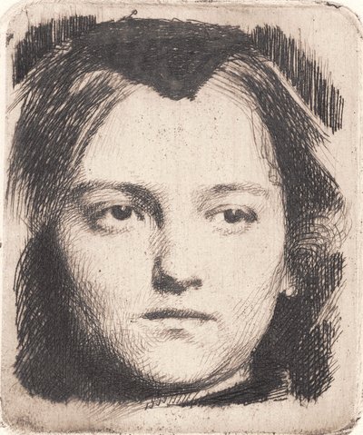 Jeune tête de femme, de face, avec un col. Plaque d