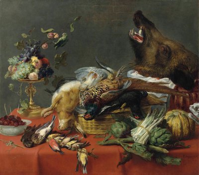 Table drapée chargée de gibier, de fruits, de légumes et d