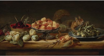 Nature morte avec des pêches dans une Tazza, des noisettes sur une assiette en étain, des framboises dans un panier, avec des poires et un écureuil sur une table
huile sur panneau - Frans Snyders