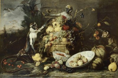 Trois singes volant des fruits, avec vue sur un paysage - Frans Snyders