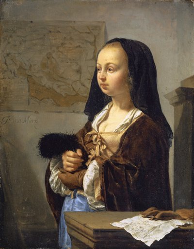 Jeune femme avec éventail de plumes prête à sortir, 1657-59 - Frans van Mieris