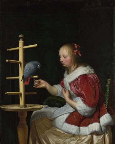 Une femme en veste rouge nourrissant un perroquet - Frans van Mieris the Elder
