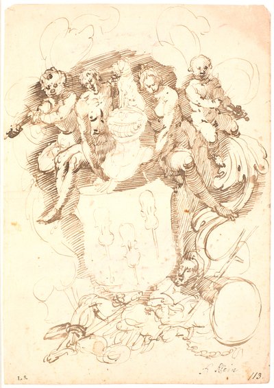 Composition héraldique : blason avec trois violons inversés, casque couronné de chien, entouré de deux figures et deux putti jouant du violon, le tout reposant sur une figure masculine allongée (Neptune ?) - Frantz Cleyn
