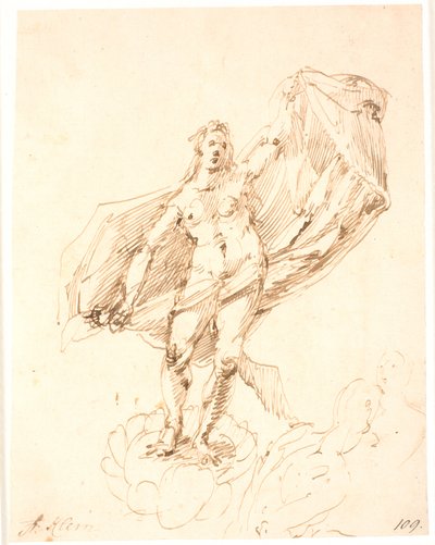 Femme déployant un drapé derrière elle avec un grand geste. En bas à droite, esquisse de deux ignudi - Frantz Cleyn
