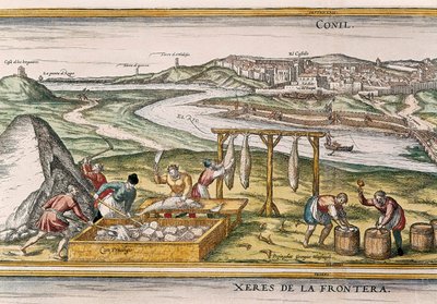 Conil de la Frontera, les pêcheurs sèchent le poisson, le coupent, le vendent et le mettent en barils pour la vente, de "Civitatis Orbis Terrarum" - Franz Hogenberg
