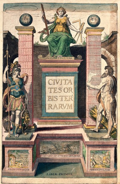 Frontispice du premier volume : allégorie de la géographie, une femme tenant un compas, une équerre et une règle, trônant au-dessus d
