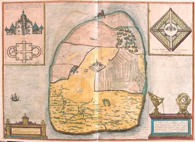 Île de Ven et Uranienborg, le palais et observatoire de Tycho Brahe situé sur cette île, dans le Sund (gravure) - Franz Hogenberg