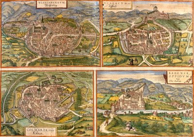 Carte de Weissenburg (Wissenburgum) en Allemagne, Rouffach (Rubeacum) et Colmar (Colmaria) en France et Baden en Suisse - Franz Hogenberg