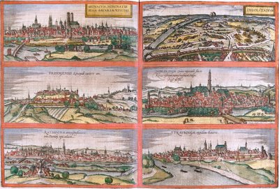 Vues de Munich (Monacum), Ingolstadt (Ingolstadium), Freising (Frisingensis), Nordlingen (Nordlinga), Ratisbonne (Ratispona) et Straubing (Stravbinga), Allemagne - Franz Hogenberg