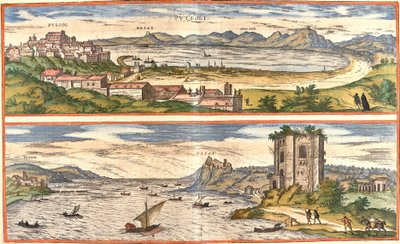 Vues de Pozzuoli (Puteoli) et Baies (Baiae) (actuelle Baia), Italie, avec les vestiges antiques des thermes du golfe de Naples et une forteresse - Franz Hogenberg