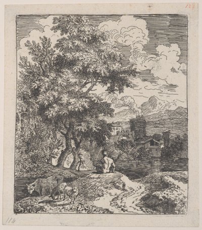 Planche 3 : un berger assis sur une colline, une vache et deux moutons à gauche, et une ville à droite, ca. 1700-25 - Franz Joachim Beich