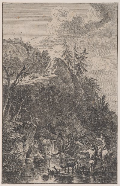 Planche 5 : figure féminine à cheval et figure masculine avec un chien debout dans une rue, vers 1700-1725 - Franz Joachim Beich