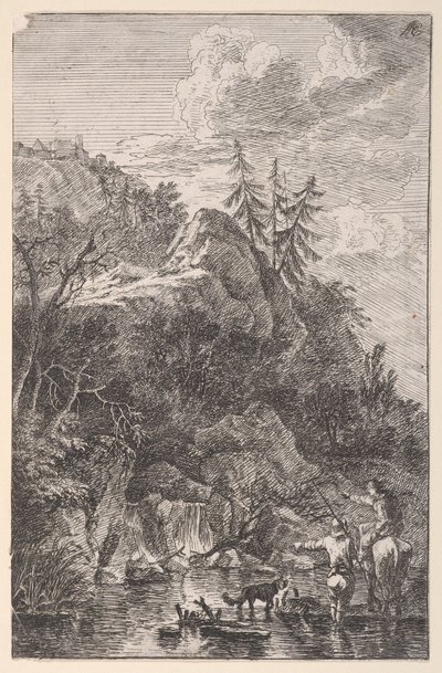 Planche 5 : figure féminine à cheval et figure masculine avec un chien debout dans une rue..., vers 1700-25 - Franz Joachim Beich