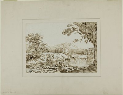 Paysage avec rivière, collines lointaines et personnages pêchant au premier plan - Franz Kobell