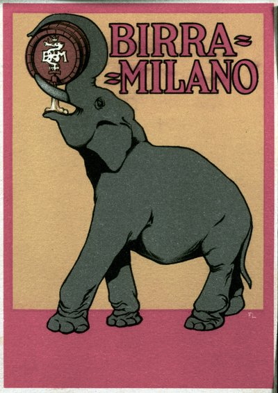 Affiche publicitaire pour la bière Milano illustrée par Franz Laskoff (1869-1921) représentant un éléphant buvant avec sa trompe directement du tonneau. XXe siècle - Franz Laskoff
