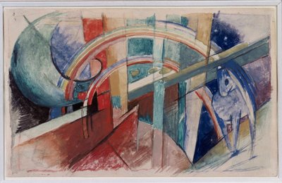 Cheval bleu et arc-en-ciel dessinés au crayon et à l