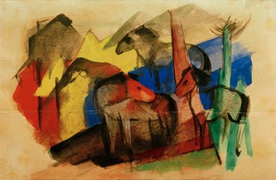 Trois chevaux dans un paysage avec des maisons - Franz Marc