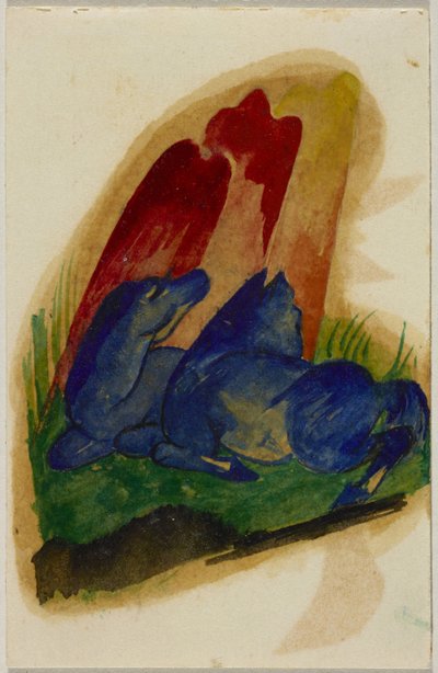Deux chevaux bleus devant un rocher rouge - Franz Marc