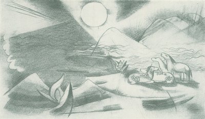 Paysage primitif avec soleil, montagnes, un groupe de chevaux - Franz Marc