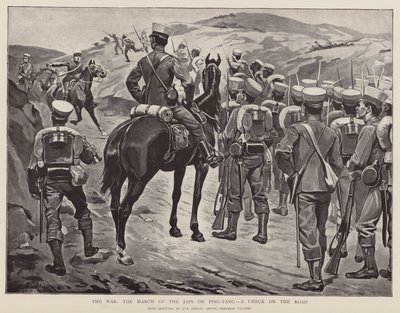La guerre, la marche des Japs sur Ping-Yang, un contrôle sur la route (litho) - Frederic (after) Villiers