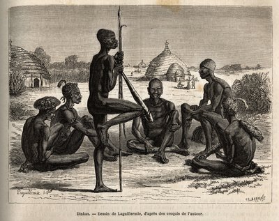 Dinkas du village de Koudj (Sénégal), dont le corps couvert de cendres, pour les protéger des insectes et parasites, est aussi une caractéristique cosmétique et sociale. Gravure d