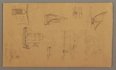 Dessin, études de bateaux, étude de nuages, deux bâtiments, peut-être 1868 - Frederic Edwin Church