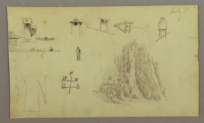 Dessin, cheminées, cascades, personnages, etc., juillet 1868 peut-être - Frederic Edwin Church