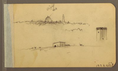 Dessin, église, tour, maison ; verso : chaîne de montagnes, 1889 - Frederic Edwin Church