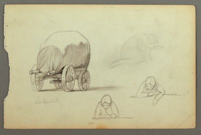 Dessin, chariot couvert, trois études de femme, peut-être 1868 - Frederic Edwin Church