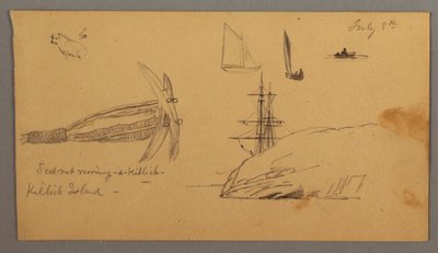 Dessin, chien, études de voilier, ancre, falaises, peut-être 8 juillet 1859 - Frederic Edwin Church