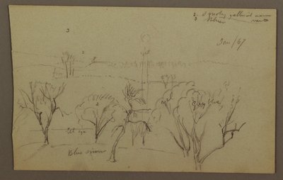 Dessin, collines, arbres, soleil bas, 1867 - Frederic Edwin Church