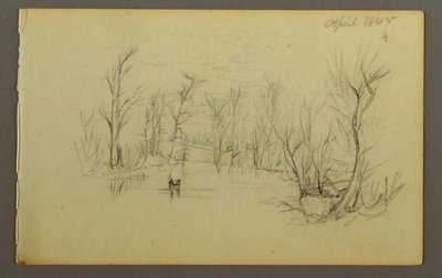 Dessin, étang Htakie ( ), deux personnes dans un canoë, 1845 - Frederic Edwin Church