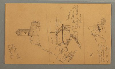 Dessin, château médiéval, maison en cascade, 24 août 1868 - Frederic Edwin Church