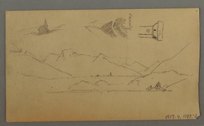 Dessin, château médiéval, deux tours, études de personnages, près de Thun, peut-être 1868 - Frederic Edwin Church
