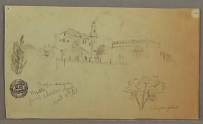 Dessin, Mosquée et bâtiments adjacents, arbres, 4 avril 1868 - Frederic Edwin Church