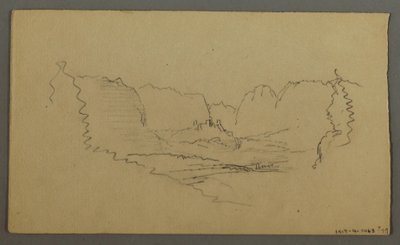 Dessin, pics montagneux, sanctuaire au bord de la route, août 1868 - Frederic Edwin Church