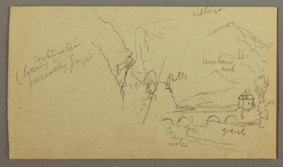 Dessin, vallée montagneuse, pont, bâtiments, peut-être 1868-69 - Frederic Edwin Church