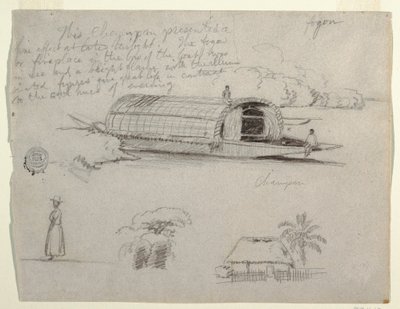 Croquis de Colombie - Bateau fluvial (Champan), une femme, groupe d