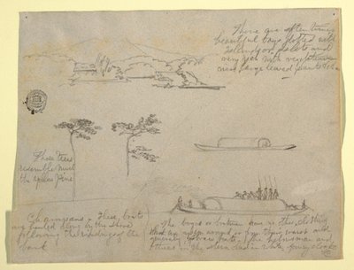 Dessin, Croquis de Colombie : Arbres et embarcations (Champans), 1853 - Frederic Edwin Church