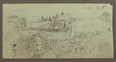 Dessin, bâtiment en pierre, hommes rassemblés sur le toit, 17 février, peut-être 1868 - Frederic Edwin Church