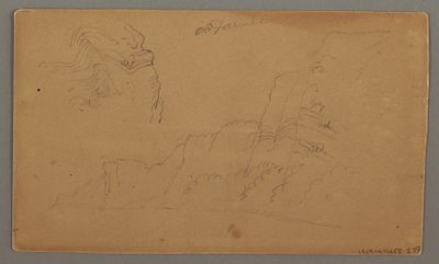 Dessin, maison en bois, deux voiliers, études de toit, peut-être 1868 - Frederic Edwin Church