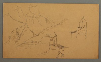 Dessin, deux églises, vallée, cascade, 1868 - Frederic Edwin Church
