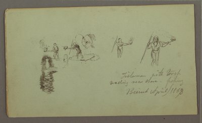 Dessin, deux études de pêcheurs avec des cannes à pêche et des torches, avril 1868 - Frederic Edwin Church