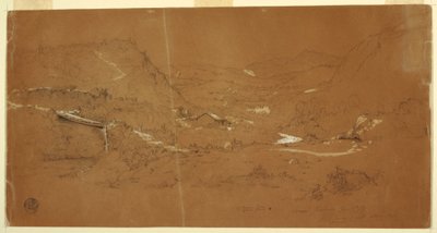Dessin, vallée avec un pont et des maisons, près de Guaranda, Équateur, 5 juin 1857 - Frederic Edwin Church