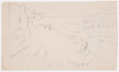 Dessin, vue sur les collines et la plaine en direction des montagnes, vallée d