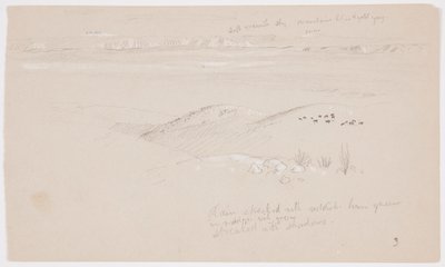 Dessin, vue sur les collines et la plaine en direction des montagnes, vallée d