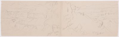 Dessin, vue sur les collines et la plaine en direction des montagnes, vallée d