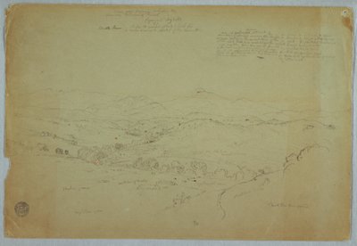 Dessin, vue près de Popayan incluant le volcan Mount Purese, rivière Cauca, Colombie, 8 août 1853 - Frederic Edwin Church
