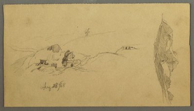 Dessin, femmes se lavant à un abreuvoir, montagnes, 28 août 1868 - Frederic Edwin Church
